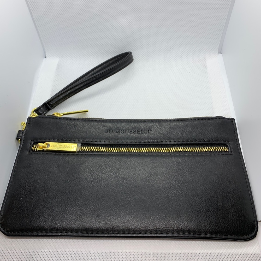 Jo Mousselli Black Leather Wristlet Gold Zipper